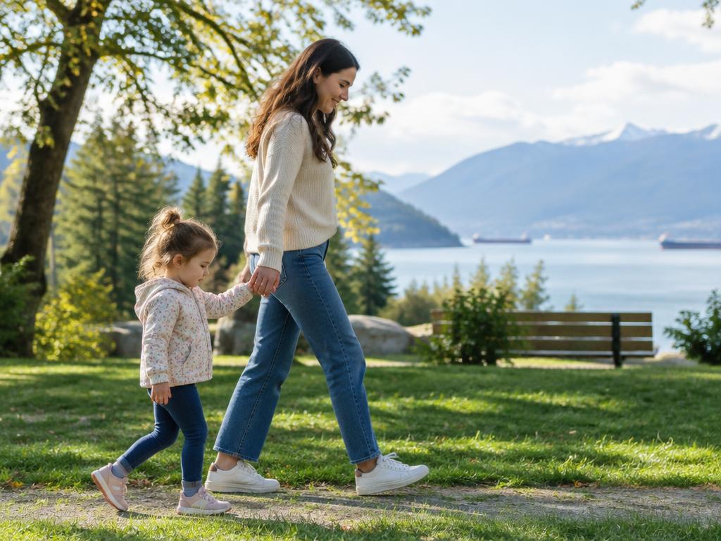 A parent and child walking together in a coastal park
