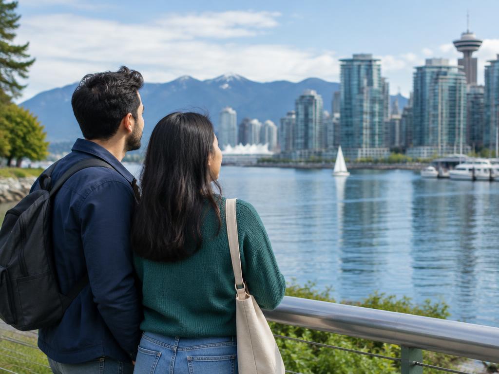 A couple looking toward Vancouver from the waterfront